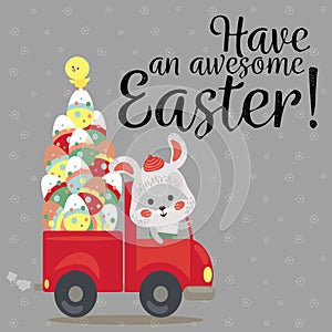 Set of Easter bunny drive car with truck, decorated eggs hunter holding full basket, cute white rabbit auto driver