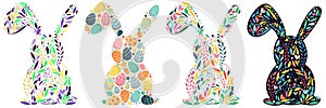 Set of easter bunny silhouettes filled with easter eggs and colored confetti circles, patterns, flowers, swirls, leaves, cute