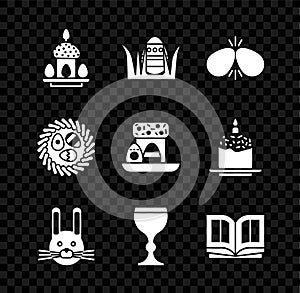 Set Easter cake and eggs, rabbit, Wine glass, Holy bible book, wicker nest and icon. Vector