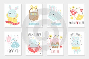 Set of Easter cards with cute cartoon characters and type design