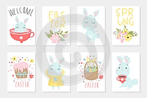 Set of Easter cards with cute cartoon characters and type design