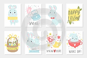 Set of Easter cards with cute cartoon characters and type design