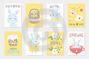 Set of Easter cards with cute cartoon characters and type design