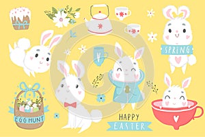 Set of Easter cards with cute cartoon characters and type design