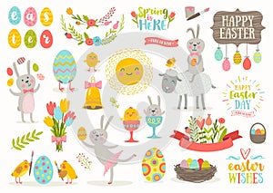 Set of Easter cartoon characters and design elements