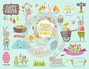 Set of Easter cartoon characters and design elements