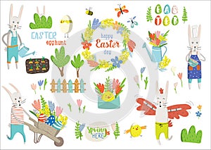 Set Easter cartoon characters and design elements. Easter bunny, chickens, eggs, easter tree, tulips, mimosa