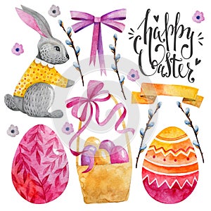 Set of easter characters. Elements for your design. Watercolor drawing. Pink shades. Rabbit, basket, Easter eggs and willow twigs