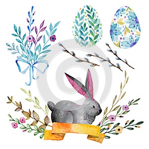 Set of easter characters. Flowers, eggs, rabbit, wicker basket. Watercolor drawing