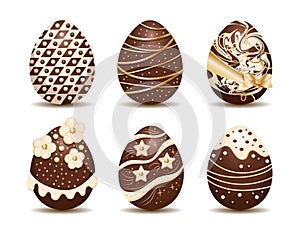 set of Easter chocolate eggs with golden decorative elements. Isolated design object on white background.