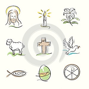 Set of Easter Christian symbols and spring hand drawn illustrations