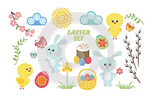 Set of Easter cute cartoon characters and design elements. Easter bunny, chicken, eggs and flowers.