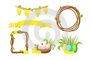 Set Easter decorations frames, banner, hanging flags, nest with flowers and eggs in cartoon style isolated on white