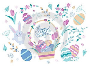 Set of Easter design elements. Eggs, rabbit, tulips, flowers, verba, branches, basket.