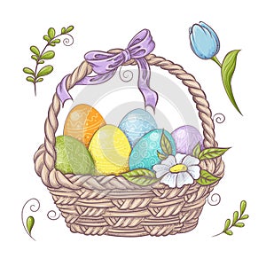 Set of Easter design elements. Eggs, tulips, flowers, willow, branches, basket, tulips, narcissus. Perfect for holiday