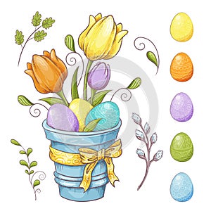 Set of Easter design elements. Eggs, tulips, flowers, willow, branches, basket, tulips, narcissus. Perfect for holiday