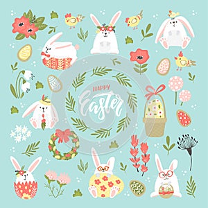 Set of Easter design elements, holiday decoration and spring greeting cards