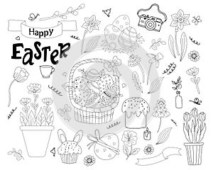 Set of Easter doodles - basket with Easter eggs, Easter cakes, Easter bunny, flowers and leaves, pussy willow and tulips