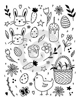 Set of Easter doodles with cute bunnies and a chick  Easter eggs  Easter cakes  spring twigs and flowers