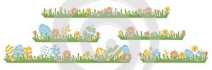 Set of Easter Egg Border. Different Painted Easter Eggs on Grass Collection. Hand Drawn Isolated on White Background