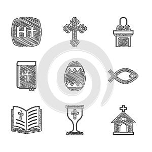 Set Easter egg, Christian chalice, Church building, fish symbol, Holy bible book, pastor preaching and cross icon