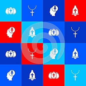 Set Easter egg, Christian cross on chain, Cross ankh and Church bell icon. Vector