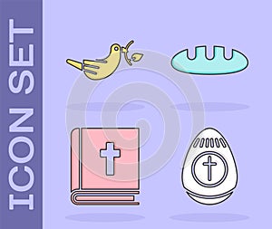 Set Easter egg, Peace dove with olive branch, Holy bible book and Bread loaf icon. Vector