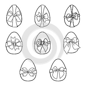 Set of Easter eggs with a bow.Outline image by hand.Coloring.Black and white image.The glorious feast of Easter.Vector