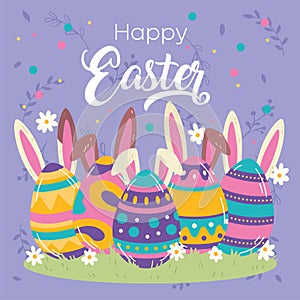 Set of easter eggs with bunny ears Easter week invitational card Vector