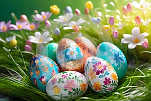 Set of Easter eggs decorated with flowers in the grass. Background wallpaper.