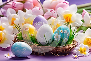 Set of Easter eggs decorated with flowers in the grass. Background wallpaper.