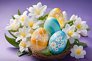 Set of Easter eggs decorated with flowers in the grass. Background wallpaper.