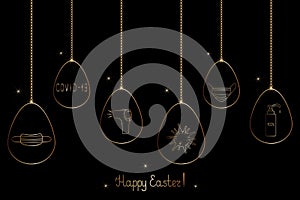A set of Easter eggs decorated with a medical theme. Golden egg and glitter. Festive postcard. Inscription. Happy easter. Vector.