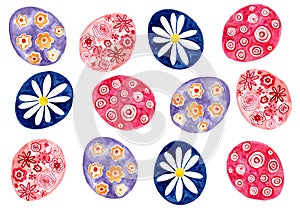 A set of Easter eggs of different colors and ornaments on a white background. Watercolor.