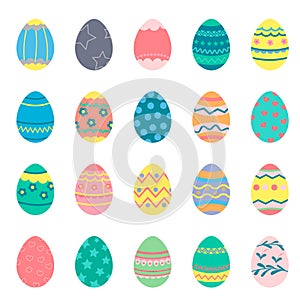 A set of Easter eggs of different colors and patterns on a white background. Vector illustration