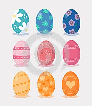 Set of Easter eggs different colors and textures. Happy easter spring holiday. Easter eggs vector illustration with flowers