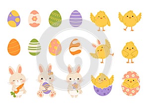 Set of Easter elements. Easter bunny, chicks and eggs. Flat vector illustration