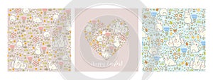 Set of Easter graphics with bunnies and spring flora. Vector graphics