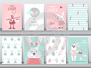 Set of Easter greeting cards,template,rabbits,cute,eggs,Vector illustrations.