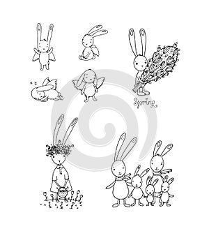 Set with Easter hares. Cute cartoon rabbits. Coloring book - Vector