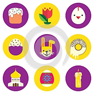 Set of easter icons. Round shape, colored in flat style with Easter symbols. Vector
