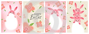 Set of Easter Posters with Cute Pink Rabbits and Big Eggs. Spring Blossom Background. Vector Greeting Cards for Easter