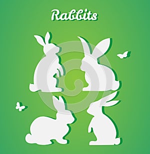 Set of Easter rabbits. Vector silhouette. Paper art and craft st