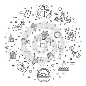 Happy Easter flat line icon set. Religion related icons photo