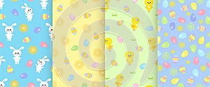 Set of Easter seamless patterns. Cute funny bunnies, baby chickens and colored Easter eggs.