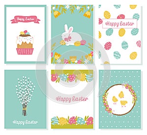 Set of Easter and Spring greeting cards and posters. Flowers, eggs, rabbit, chickens, Easter cake. Vector illustration