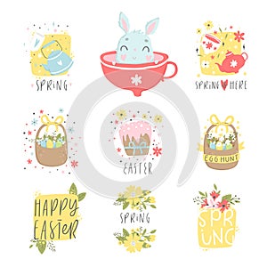 Set of easter and spring logo with cute illustrations and lettering