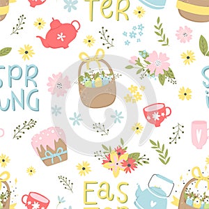 Set of easter and spring logo with cute illustrations and lettering