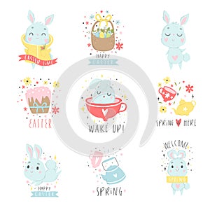 Set of easter and spring logo with cute illustrations and lettering