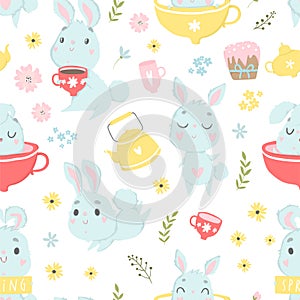 Set of easter and spring logo with cute illustrations and lettering